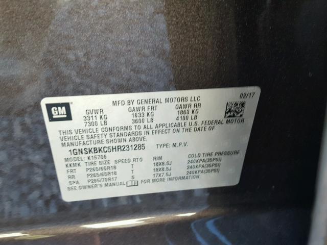 1GNSKBKC5HR231285 - 2017 CHEVROLET TAHOE K150 GRAY photo 10