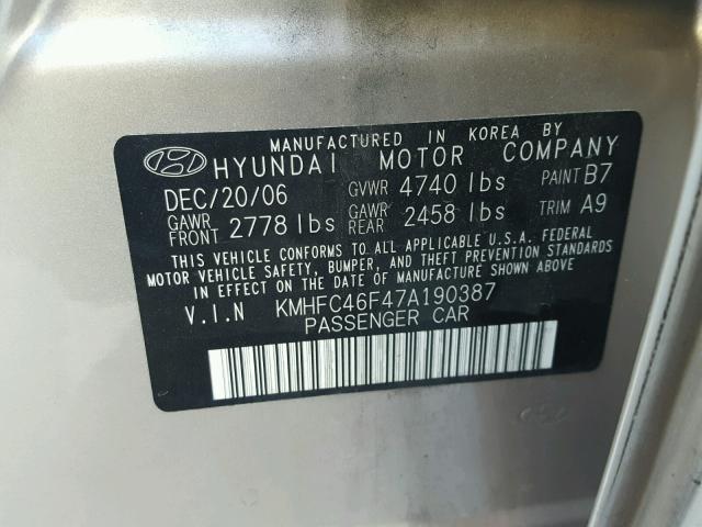 KMHFC46F47A190387 - 2007 HYUNDAI AZERA SE GOLD photo 10