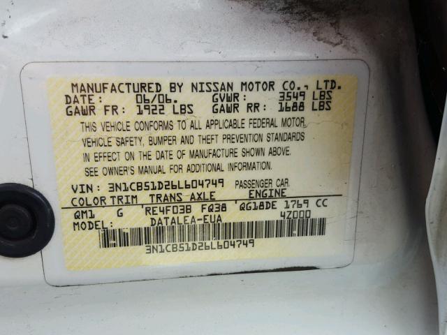 3N1CB51D26L604749 - 2006 NISSAN SENTRA 1.8 WHITE photo 10