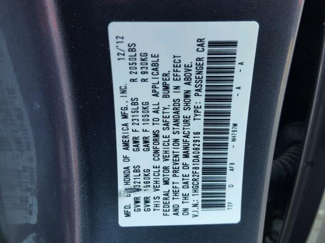 1HGCR2F81DA082916 - 2013 HONDA ACCORD EXL GRAY photo 10