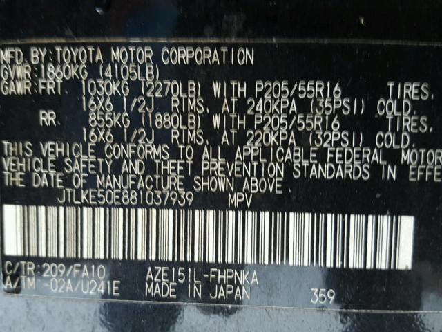 JTLKE50E881037939 - 2008 TOYOTA SCION XB 黑色 照片 10