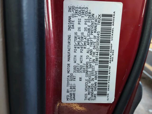 5TBBT4410YS056645 - 2000 TOYOTA TUNDRA ACC MAROON photo 10