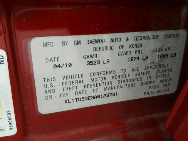 KL1TD5DE3AB123731 - 2010 CHEVROLET AVEO LS BURGUNDY photo 10