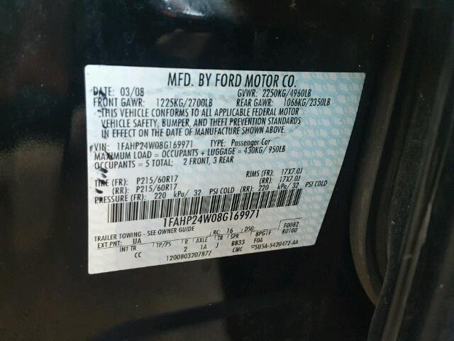 1FAHP24W08G169971 - 2008 FORD TAURUS SEL BLACK photo 10