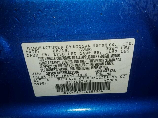 3N1CN7AP3EL827586 - 2014 NISSAN VERSA BLUE photo 10