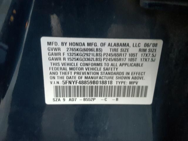 5FNYF48859B018818 - 2009 HONDA PILOT TOUR BLUE photo 10