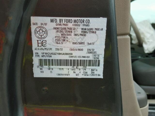 1FMCU02Z18KA58059 - 2008 FORD ESCAPE XLS GRAY photo 10