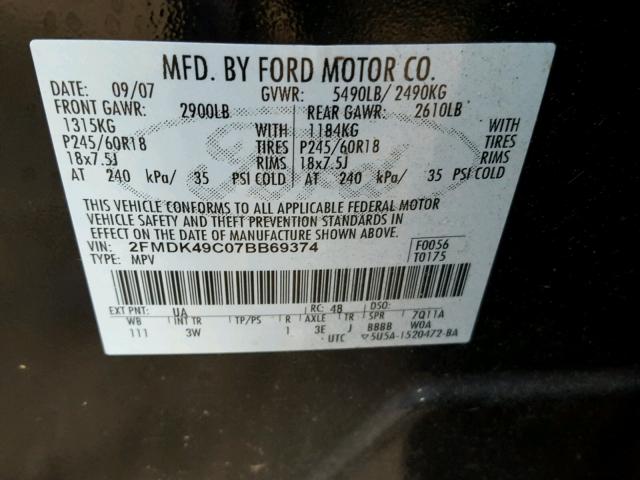 2FMDK49C07BB69374 - 2007 FORD EDGE SEL P BLACK photo 10