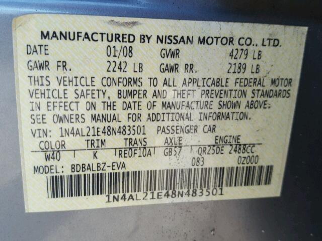 1N4AL21E48N483501 - 2008 NISSAN ALTIMA 2.5 GRAY photo 10