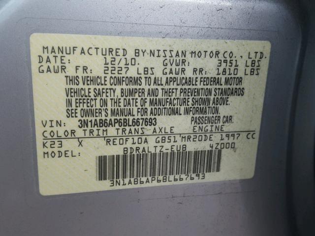 3N1AB6AP6BL667693 - 2011 NISSAN SENTRA 2.0 SILVER photo 10