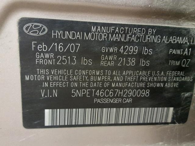 5NPET46C67H290098 - 2007 HYUNDAI SONATA GLS TAN photo 10