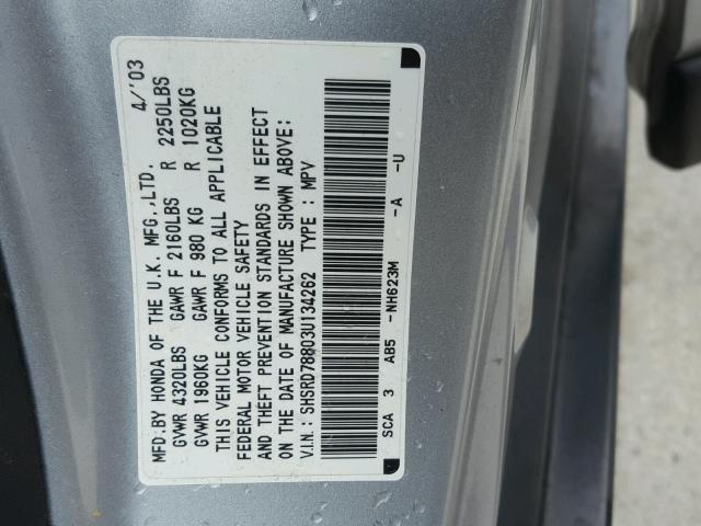 SHSRD78803U134262 - 2003 HONDA CR-V EX SILVER photo 10