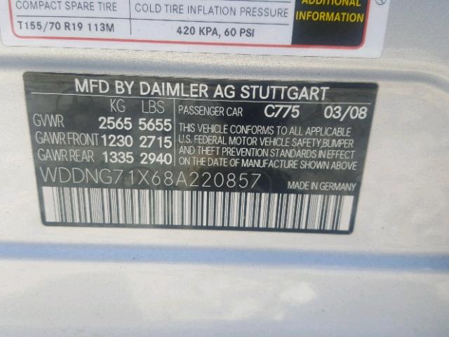 WDDNG71X68A220857 - 2008 MERCEDES-BENZ S 550 SILVER photo 10