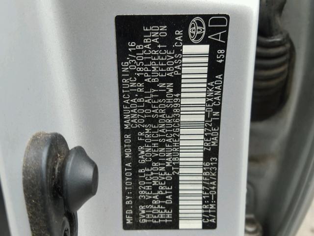 2T1BURHE2GC638994 - 2016 TOYOTA COROLLA L SILVER photo 10