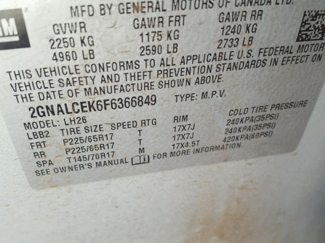 2GNALCEK6F6366849 - 2015 CHEVROLET EQUINOX LT SILVER photo 10