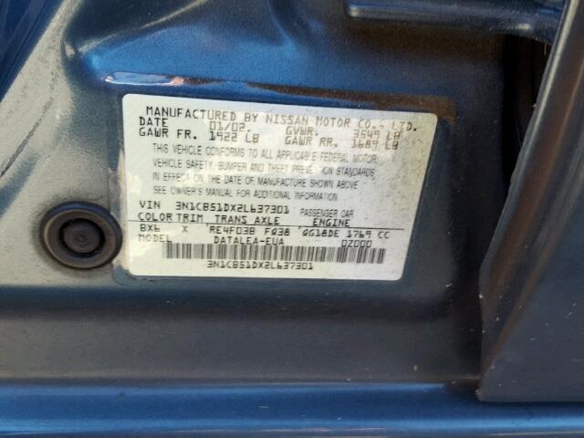 3N1CB51DX2L637301 - 2002 NISSAN SENTRA XE BLUE photo 10