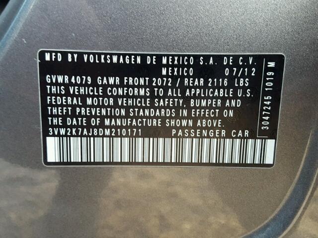 3VW2K7AJ8DM210171 - 2013 VOLKSWAGEN JETTA BASE GRAY photo 10