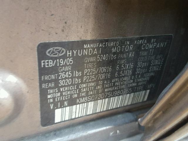 KM8SC73D75U980765 - 2005 HYUNDAI SANTA FE G BROWN photo 10