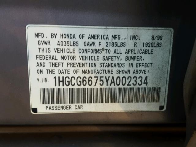 1HGCG6675YA002334 - 2000 HONDA ACCORD EX BROWN photo 10