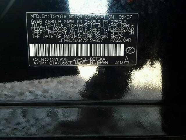 JTHBJ46G472129857 - 2007 LEXUS ES 350 BLACK photo 10