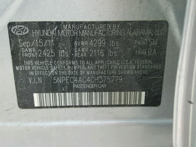 5NPEC4AC4CH375779 - 2012 HYUNDAI SONATA SE SILVER photo 10