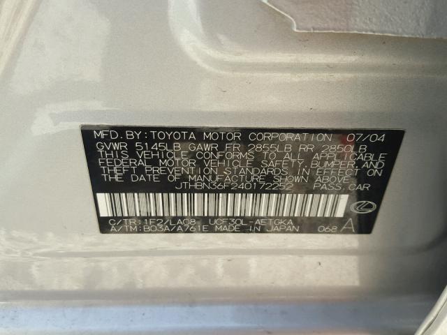 JTHBN36F240172252 - 2004 LEXUS LS 430 SILVER photo 10