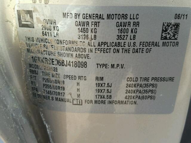 1GKKRSED6BJ418098 - 2011 GMC ACADIA SLT Qızıl foto 10