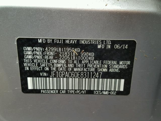 JF1GPAC60E8311247 - 2014 SUBARU IMPREZA PR SILVER photo 10