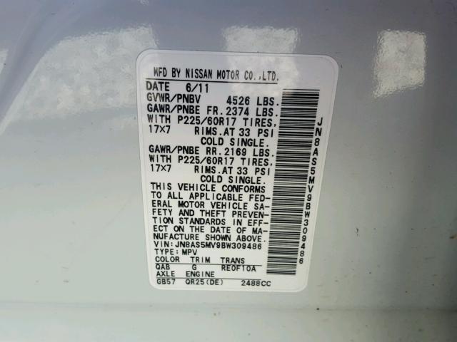 JN8AS5MV9BW309486 - 2011 NISSAN ROGUE S WHITE photo 10