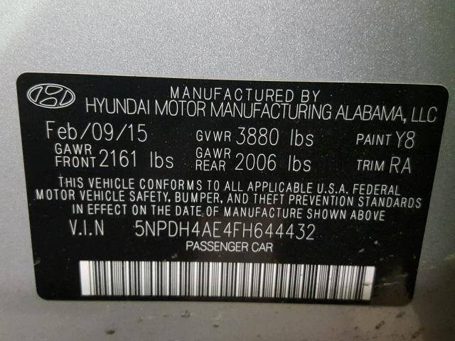 5NPDH4AE4FH644432 - 2015 HYUNDAI ELANTRA SE SILVER photo 10