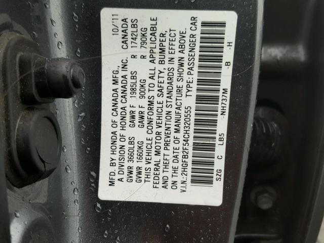 2HGFB2F54CH320555 - 2012 HONDA CIVIC LX CHARCOAL photo 10