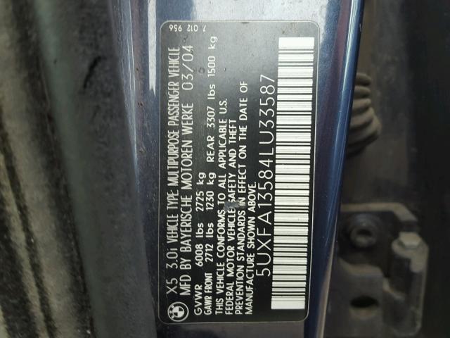 5UXFA13584LU33587 - 2004 BMW X5 3.0I BLUE photo 10