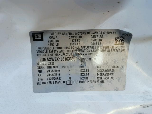 2GNAXWEX1J6163300 - 2018 CHEVROLET EQUINOX PR WHITE photo 10