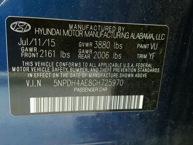 5NPDH4AE8GH725970 - 2016 HYUNDAI ELANTRA SE BLUE photo 10