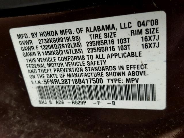 5FNRL38718B417500 - 2008 HONDA ODYSSEY EX BURGUNDY photo 10