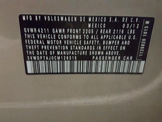 3VWDP7AJ0CM128315 - 2012 VOLKSWAGEN JETTA SE 米色 照片 10