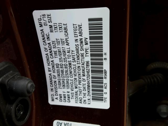 2HKRM4H72GH627896 - 2016 HONDA CR-V EXL BURGUNDY photo 10