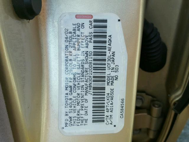 JTHBN30F220081150 - 2002 LEXUS LS 430 GOLD photo 10