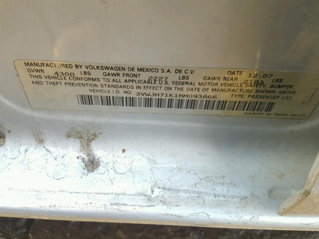 3VWJM71K18M093666 - 2008 VOLKSWAGEN JETTA S SILVER photo 10