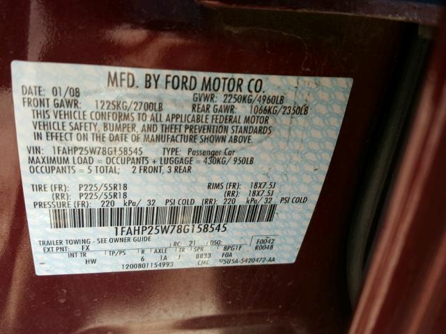 1FAHP25W78G158545 - 2008 FORD TAURUS LIM BURGUNDY photo 10