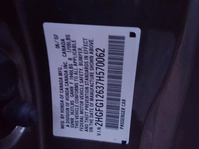 2HGFG12637H570062 - 2007 HONDA CIVIC LX GRAY photo 10