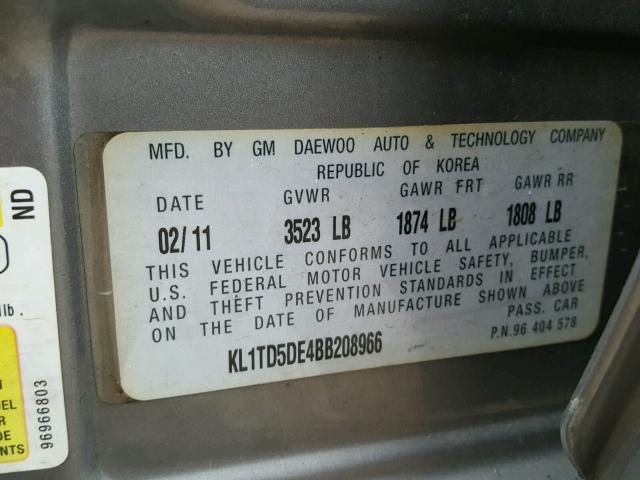 KL1TD5DE4BB208966 - 2011 CHEVROLET AVEO LS GRAY photo 10