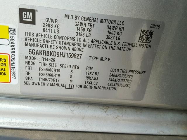 5GAKRBKD9HJ159827 - 2017 BUICK ENCLAVE SILVER photo 10