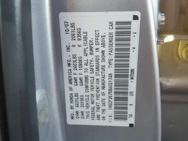 1HGCP26758A021748 - 2008 HONDA ACCORD EX SILVER photo 10