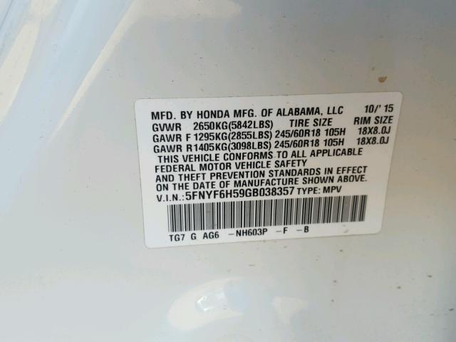 5FNYF6H59GB038357 - 2016 HONDA PILOT EXL WHITE photo 10