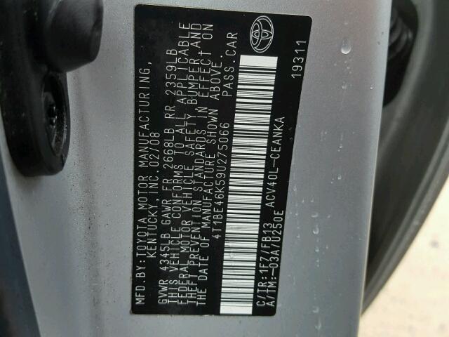 4T1BE46K59U275066 - 2009 TOYOTA CAMRY BASE SILVER photo 10