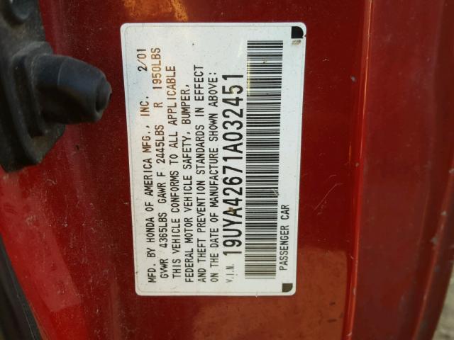 19UYA42671A032451 - 2001 ACURA 3.2CL TYPE RED photo 10