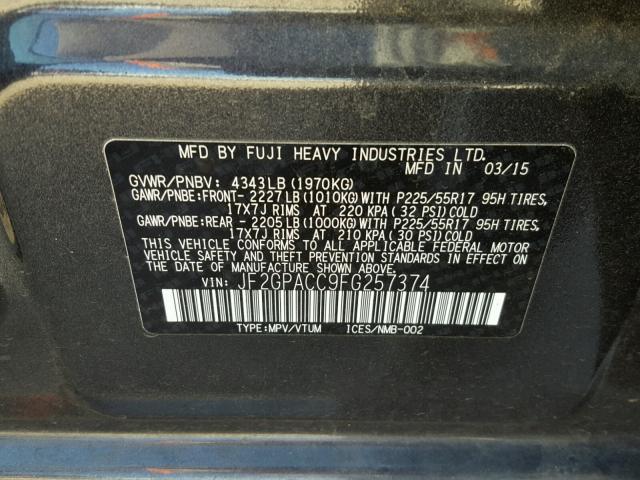 JF2GPACC9FG257374 - 2015 SUBARU XV CROSSTR CHARCOAL photo 10