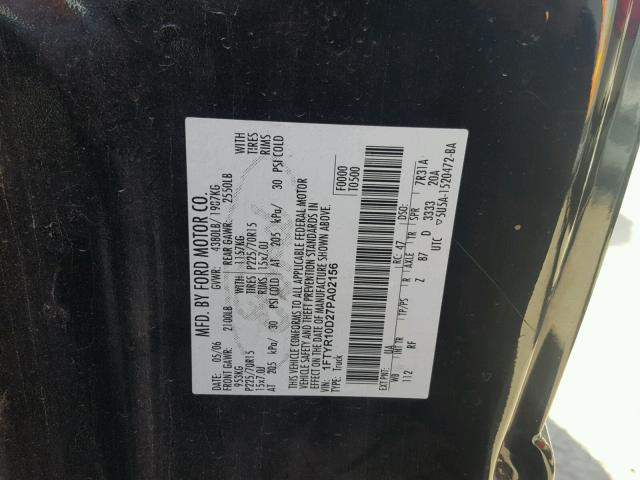 1FTYR10D27PA02156 - 2007 FORD RANGER BLACK photo 10