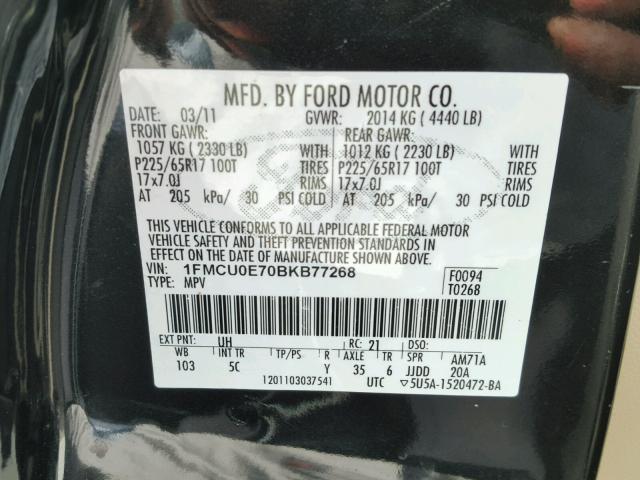 1FMCU0E70BKB77268 - 2011 FORD ESCAPE LIM BLACK photo 10